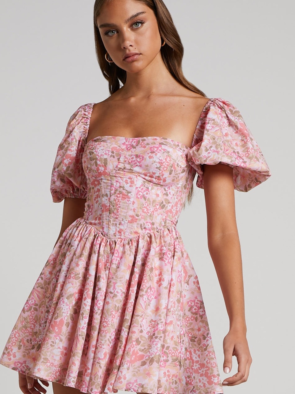 Showpo Phorchia Mini Dress Fit and Flare Puff-Sleeve Corset Dress